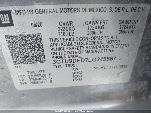 3GTU9DED7LG345567 GMC Sierra 1500 4wd  Short Box Slt