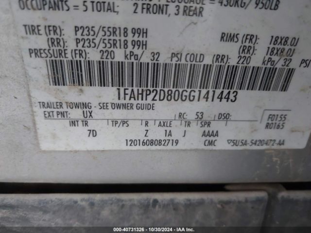 1FAHP2D80GG141443 Ford TAURUS SE