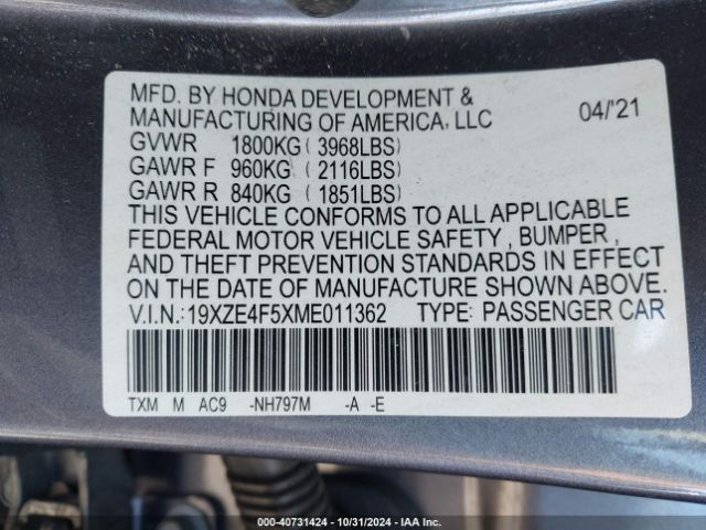 19XZE4F5XME011362 Honda INSIGHT EX