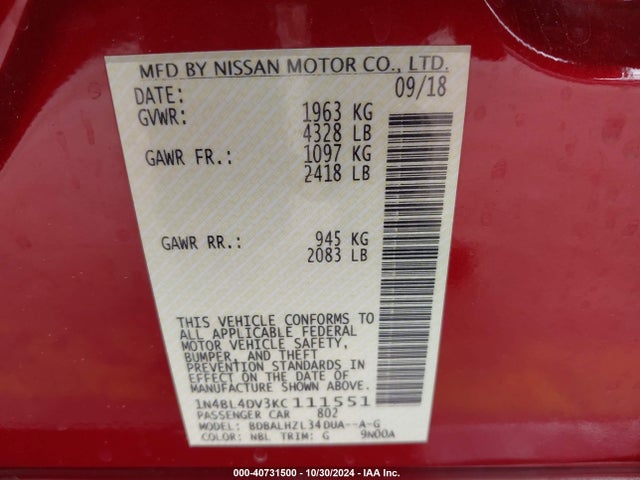 Nissan Altima 2.5 Sv 2019 1N4BL4DV3KC111551 Image 9