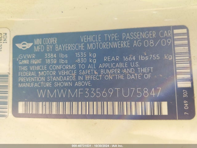 2009 MINI COOPER WMWMF33569TU75847 Photo 8