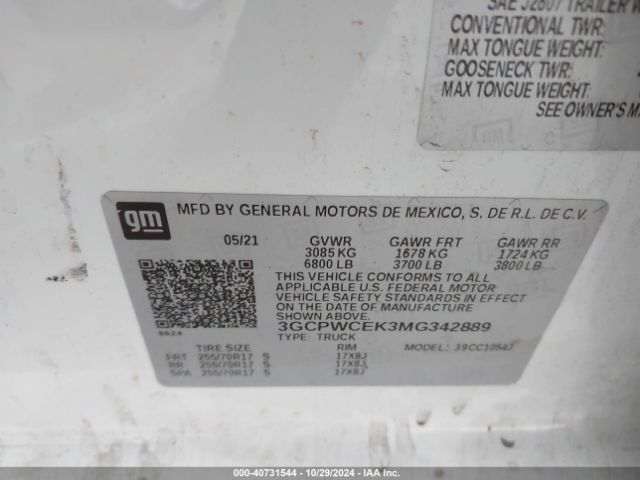3GCPWCEK3MG342889 Chevrolet Silverado 1500 2wd  Short Bed Lt