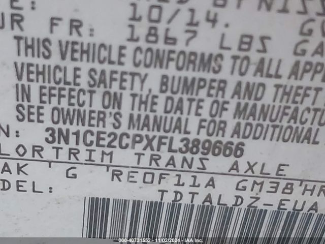 3N1CE2CPXFL389666 Nissan Versa Note Sv