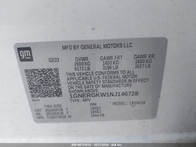1GNERGKW1NJ146728 Chevrolet Traverse Fwd Lt Cloth