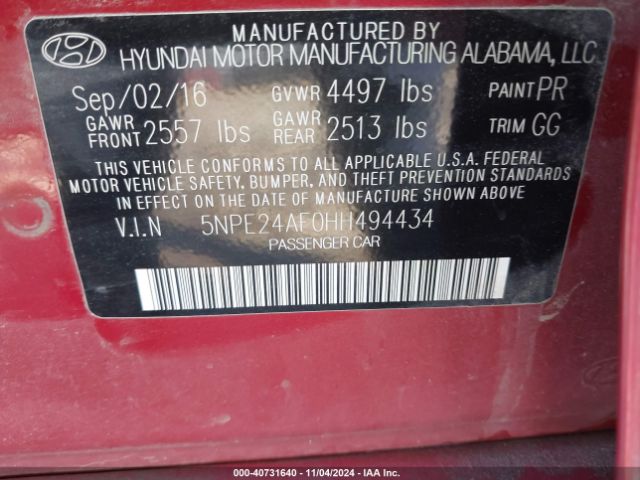 5NPE24AF0HH494434 Hyundai Sonata
