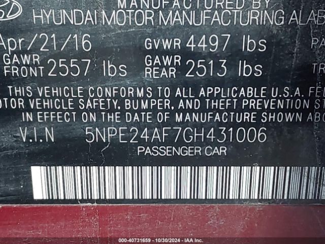 5NPE24AF7GH431006 Hyundai SONATA SE