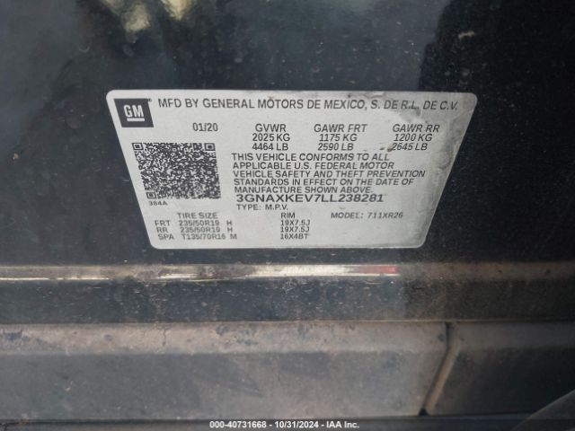 3GNAXKEV7LL238281 Chevrolet Equinox Fwd Lt 1.5l Turbo
