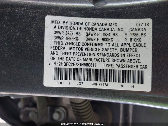 Honda CIVIC EX 2018 2HGFC2F78JH580811 Image 9