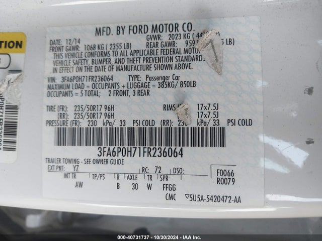Ford FUSION SE 2015 3FA6P0H71FR236064 Image 9