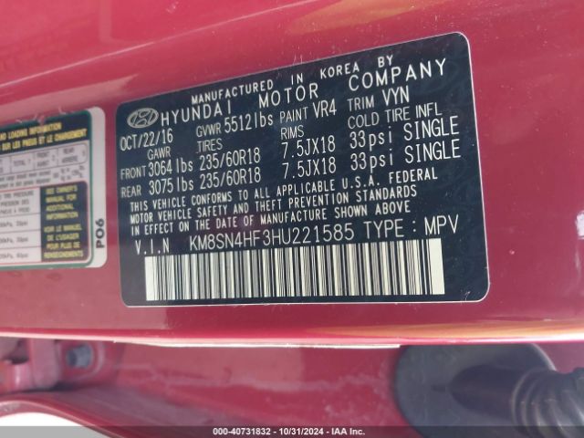 KM8SN4HF3HU221585 Hyundai Santa Fe Se