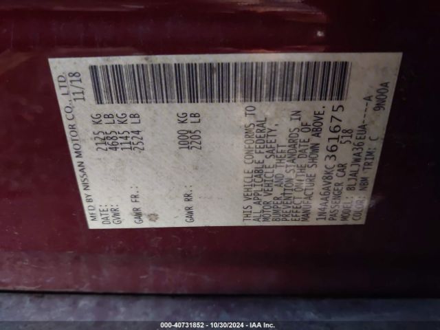 1N4AA6AV8KC361675 Nissan Maxima 3.5 Sv