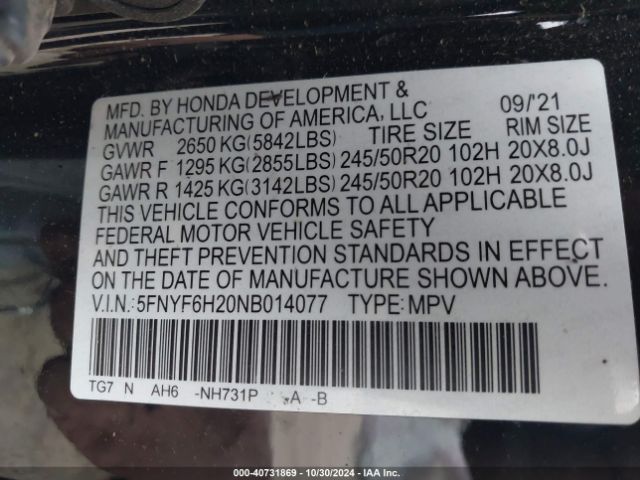5FNYF6H20NB014077 Honda Pilot Awd Special Edition