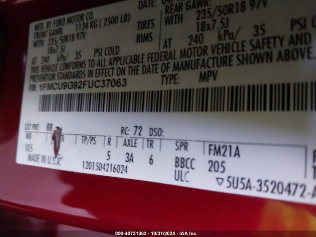Ford ESCAPE SE 2015 1FMCU9G92FUC37063 Image 9