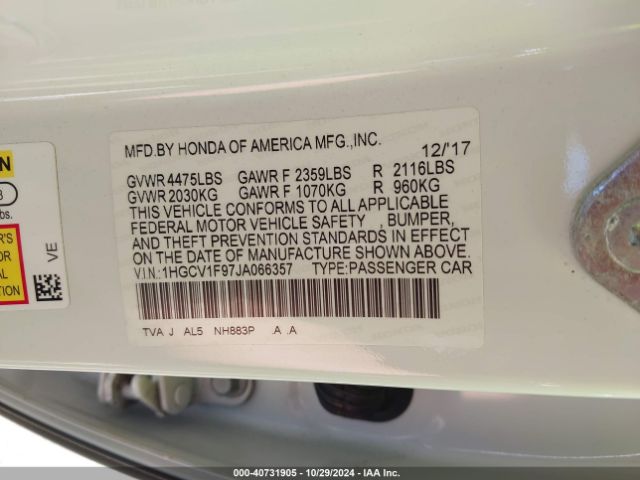 1HGCV1F97JA066357 Honda Accord Touring