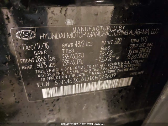5NMS3CAD1KH073609 Hyundai Santa Fe Sel Plus