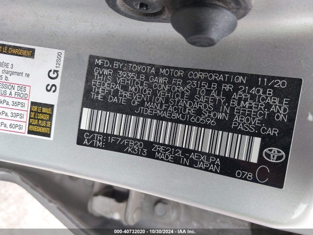 Toyota COROLLA LE 2021 JTDEPMAE8MJ160596 Image 9
