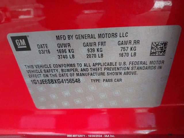 Chevrolet Sonic Ltz Auto 2016 1G1JE6SBXG4156548 Image 9