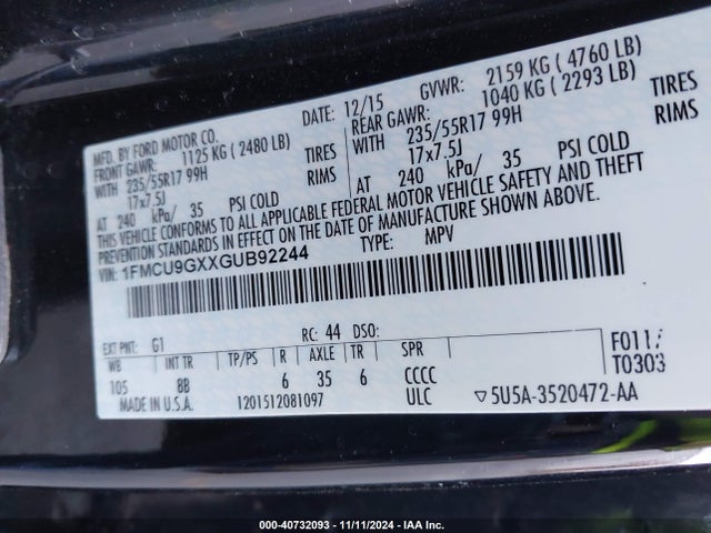 Ford ESCAPE SE 2016 1FMCU9GXXGUB92244 Image 9