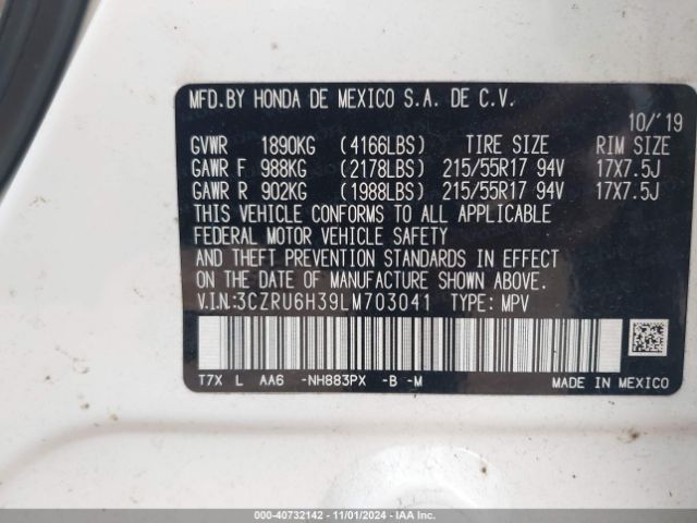 3CZRU6H39LM703041 Honda Hr-v Awd Lx