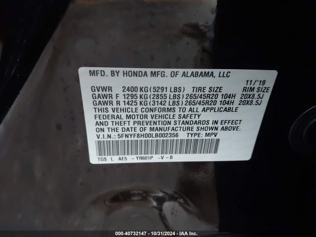 Honda Passport Awd Elite 2020 5FNYF8H00LB002356 Image 9