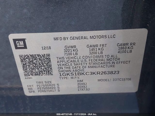 1GKS1BKC3KR263823 GMC YUKON SLT