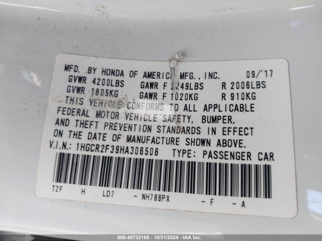 Honda ACCORD LX 2017 1HGCR2F39HA306508 Image 9