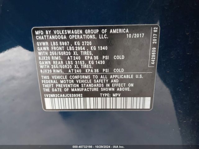 1V2NR2CA6JC539362 Volkswagen Atlas 3.6l V6 Sel Premium