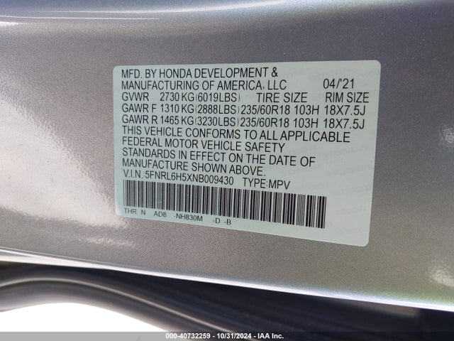 Honda ODYSSEY EX 2022 5FNRL6H5XNB009430 Image 9