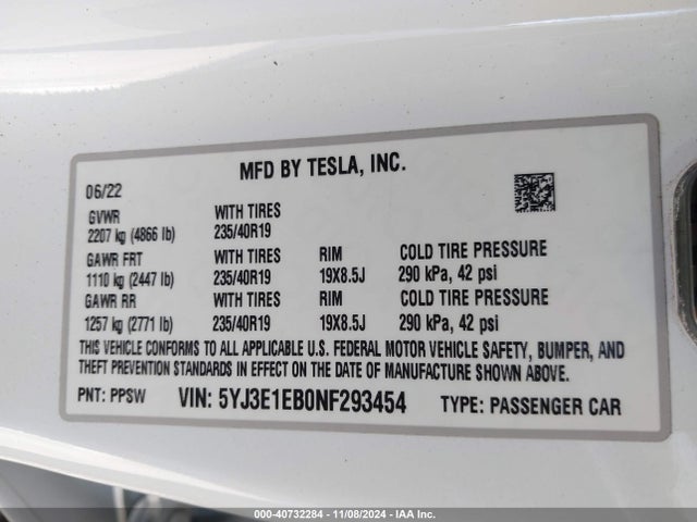 2022 TESLA MODEL 3 5YJ3E1EB0NF293454 Photo 8