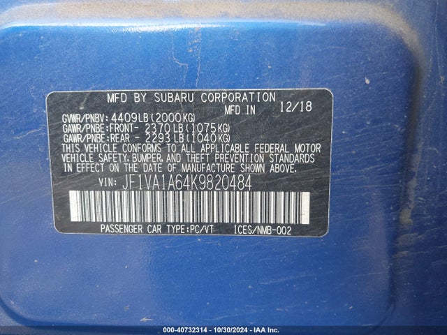 Subaru WRX 2019 JF1VA1A64K9820484 Image 9