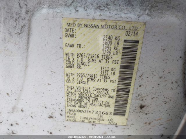 1N6AD0EV2EN731663 Nissan Frontier Pro-4x