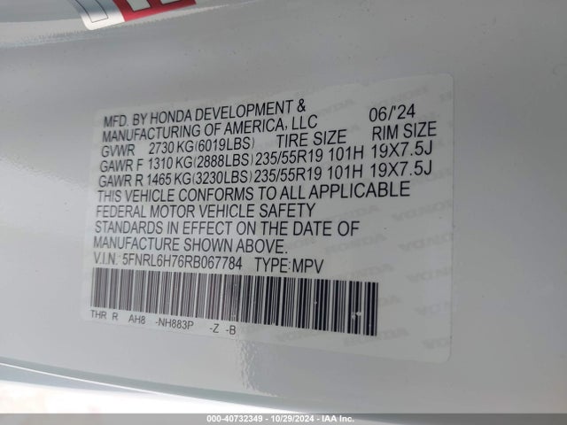 5FNRL6H76RB067784 Honda Odyssey Sport