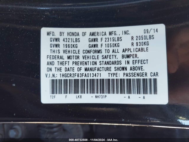 Honda Accord Ex-l 2015 1HGCR2F83FA013471 Image 8