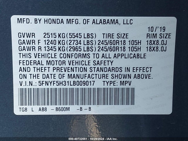 Honda Pilot 2wd Ex 2020 5FNYF5H31LB009017 Image 9