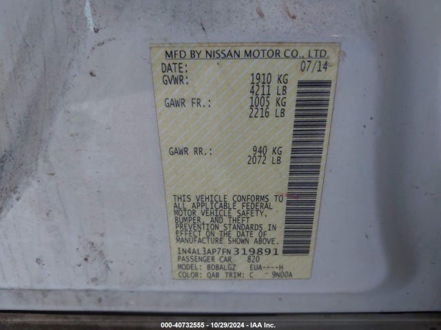 Nissan Altima 2.5 S 2015 1N4AL3AP7FN319891 Image 9