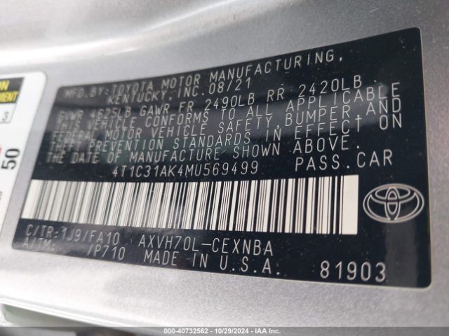 4T1C31AK4MU569499 Toyota Camry Le Hybrid