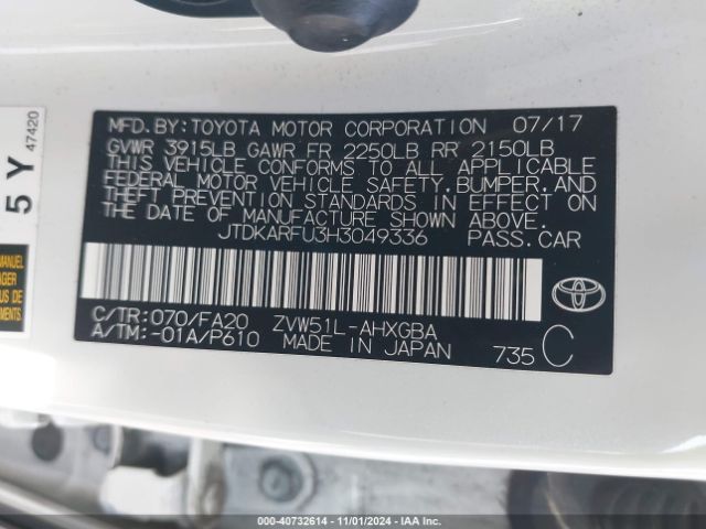 JTDKARFU3H3049336 Toyota Prius Three