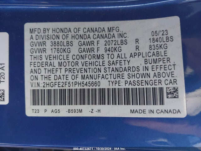 Honda Civic Sport 2023 2HGFE2F51PH545660 Image 9