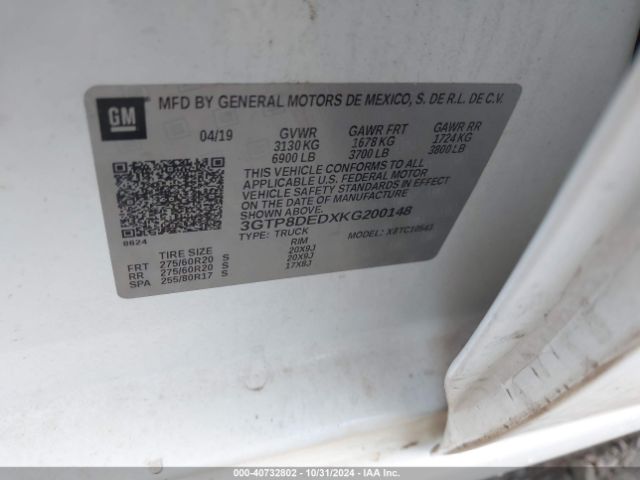 3GTP8DEDXKG200148 GMC Sierra 1500 Slt