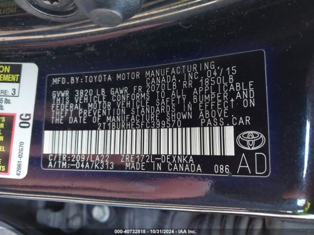 2T1BURHE5FC399570 Toyota Corolla Le Premium