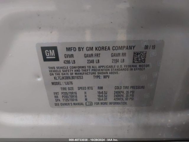 KL7CJKSB9LB019253 Chevrolet Trax Fwd Ls
