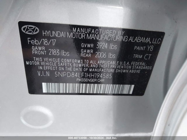 Hyundai Elantra Value Edition 2017 5NPD84LF1HH194585 Image 9