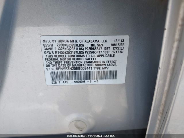 5FNYF3H25EB009441 Honda PILOT LX