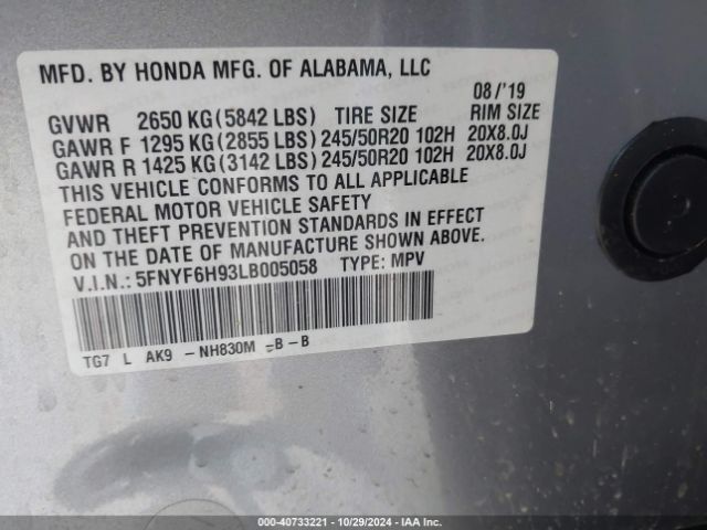 5FNYF6H93LB005058 Honda Pilot Awd Touring 8 Passenger