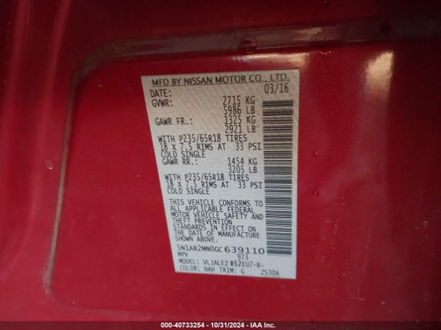 5N1AR2MN0GC639110 Nissan Pathfinder Platinum/s/sl/sv