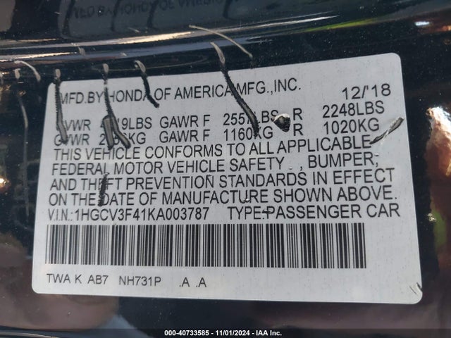 Продажа на аукционе авто 2019 Honda Accord Hybrid Ex, vin: 1HGCV3F41KA003787, номер лота: 40733585