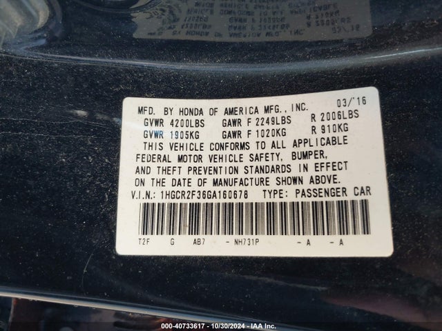 Honda ACCORD LX 2016 1HGCR2F36GA160678 Image 9