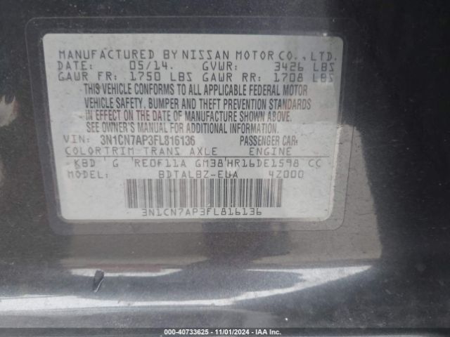 3N1CN7AP3FL816136 Nissan Versa 1.6 S/1.6 S+/1.6 Sl/1.6 Sv