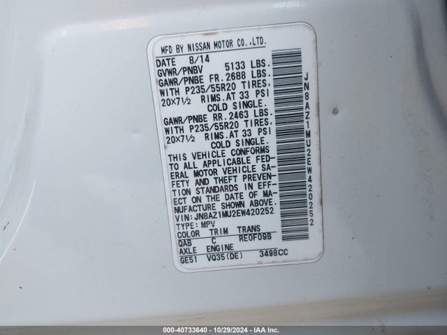Nissan Murano Le 2014 JN8AZ1MU2EW420252 Image 9