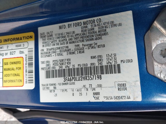 3FA6P0LU2HR357198 Ford Fusion Hybrid Se